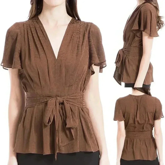 Max Studio Women's Flutter Sleeve Waist Tie Blouse in Pink Size XL NWOT $98 - Picture 1 of 11